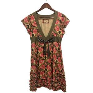 Vintage Free People Y2K Jacquard Cap Sleeve Mini Dress Babydoll Floral Size 8